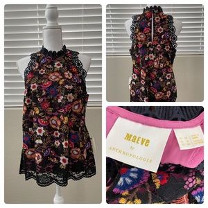 Anthropologie Maeve Black Floral Lace Halter Blouse